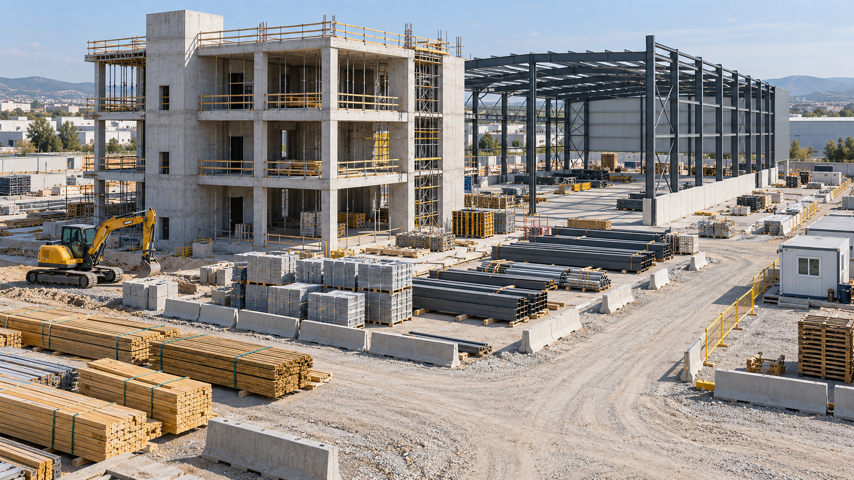 Betonarme ve çelik yapı işlerinin birlikte yürüdüğü, malzemelerin düzenli yerleştirildiği endüstriyel şantiye; temsili hizmet görseli.